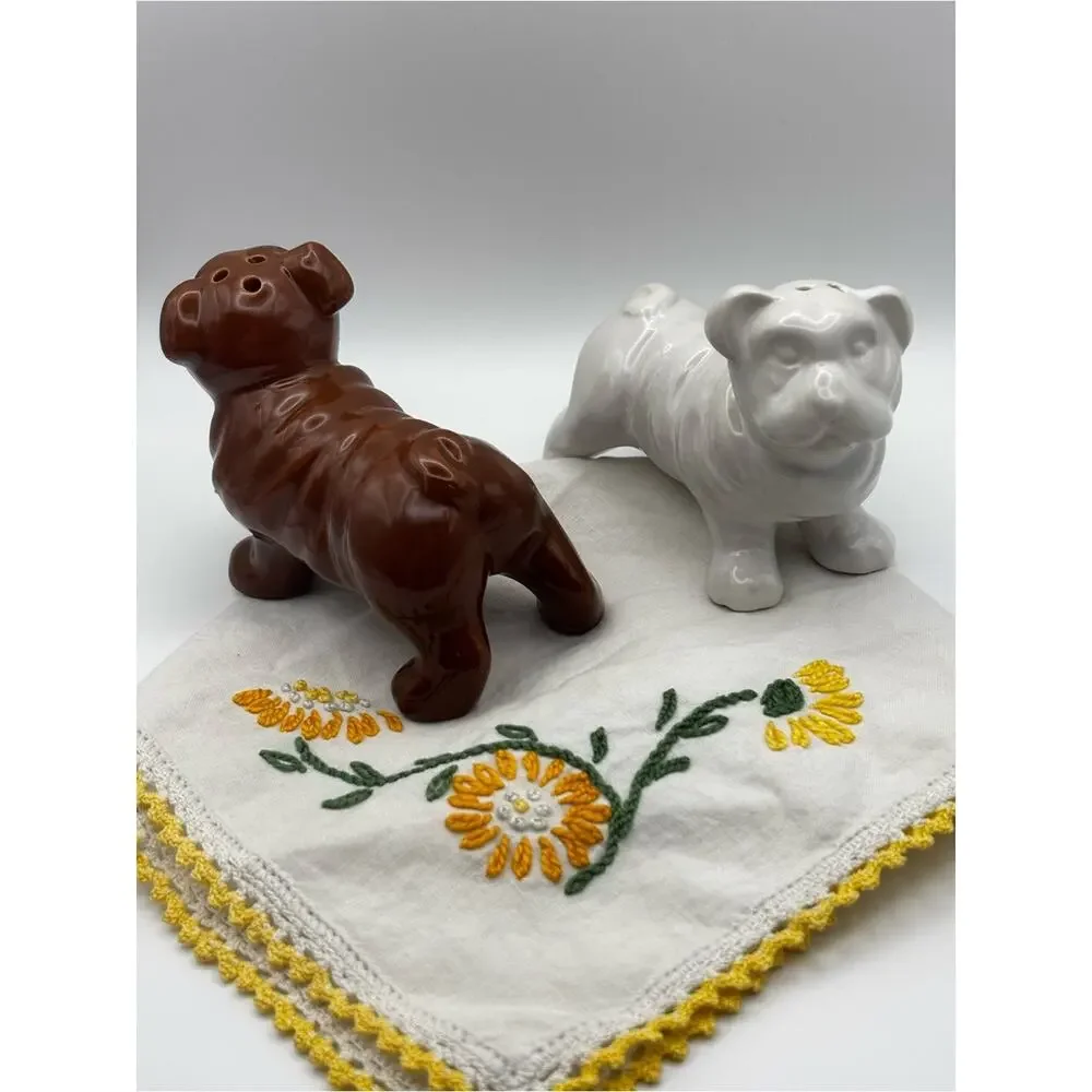 Ceramic Bulldog Salt & Pepper Shaker Set Brown & White Dog Kitchen Decor